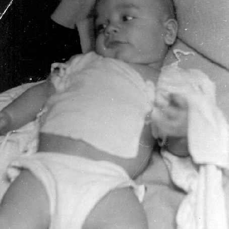 Infant Billy Windsor in diapers with blankets 1948
