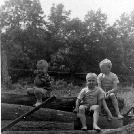 Billy Windsor on wood pile with two boys in 1951